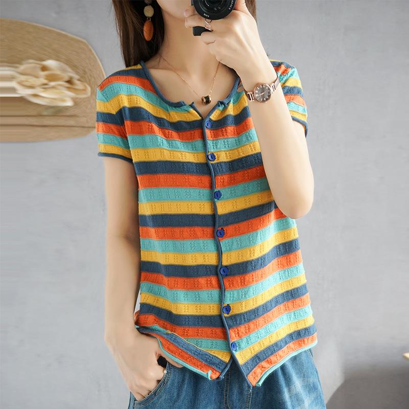 Rainbow Striped Knitted Cardigan Short Sleeve Women Summer New Pure Cotton Round Neck Stylish Exterior Comfortable Comfortable Top