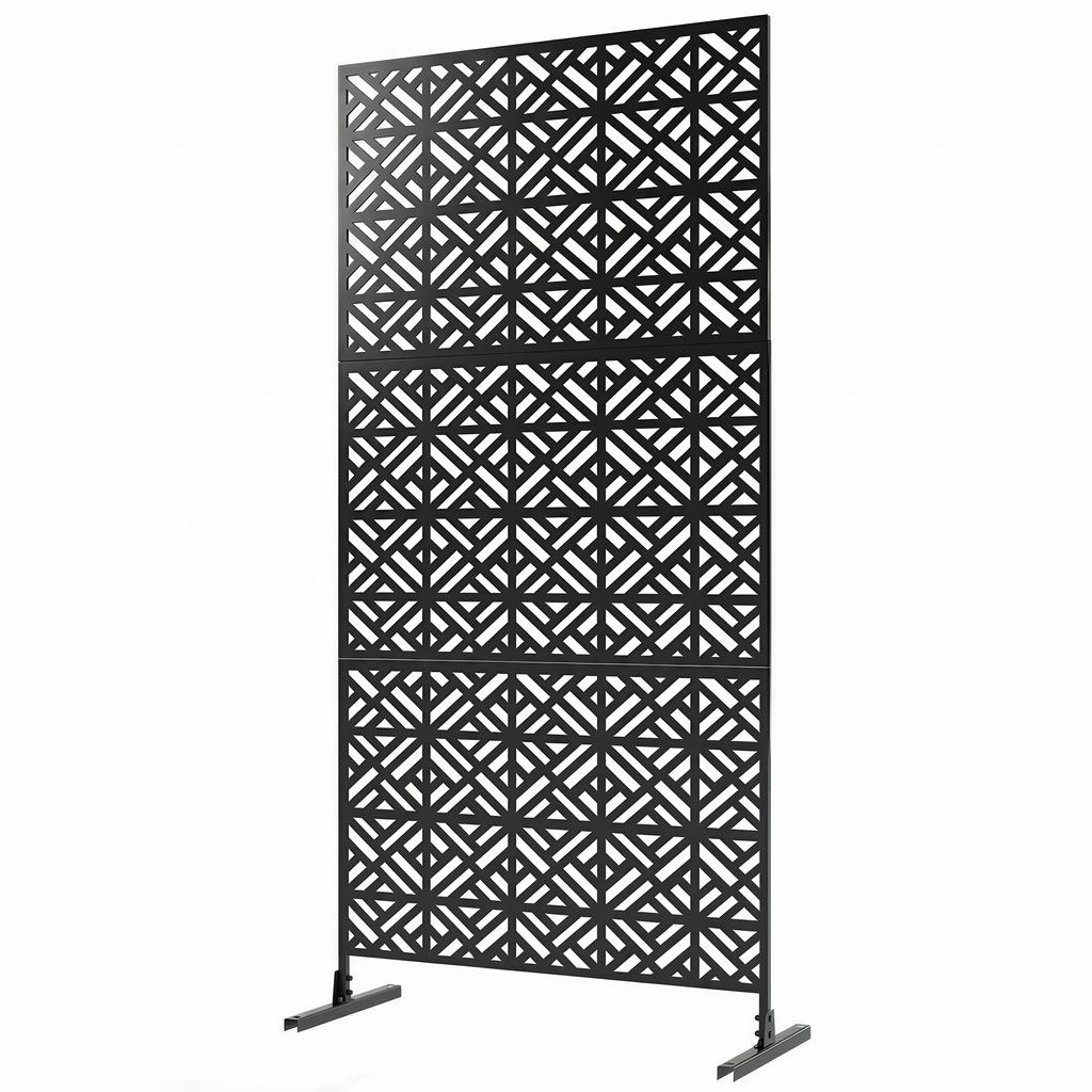 Outdoor Privacy Screen Panel, 3 Panels, Geometric Metal, 92 X 40 X 192 Cm, Black