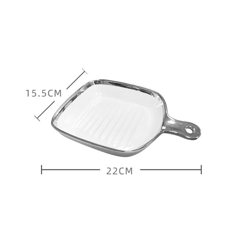 International Style Square Plate White Silver Edge Tableware Single Handle Square Plate Hand Handle Square Plate Steak Plate Dessert Plate Salad Plate 400