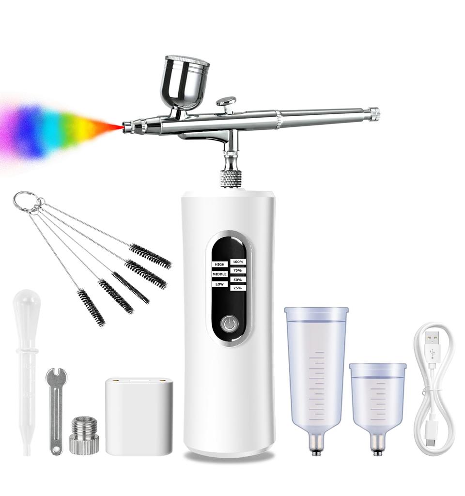 Fascinated Rechargeable Airbrush with Battery Level Visualizer, Dual Action, Three Adjustable Pressure Modes (High, Medium, Low), 0.3mm Diameter, for