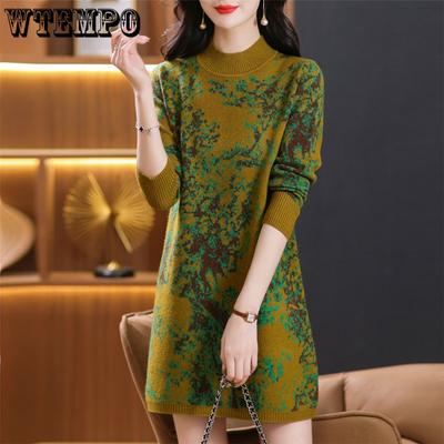 Mid-length Knitted Dress Loose Large-sized Floral Mid-length Sweater for Women Autumn and Winter Casual Long-sleeved Pullover