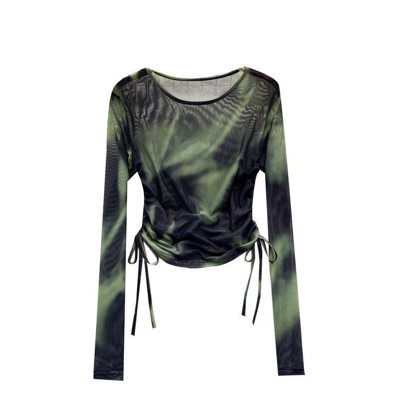 Retro Batik Mesh Kordelzug Chiffon Langarm Slim Top