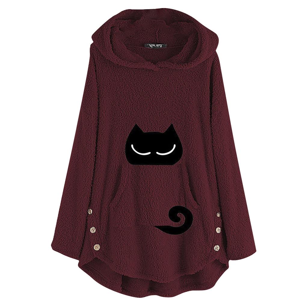 Damen Katzen Plüsch Oberteil mit einfarbigem bedrucktem lässigem Langarm-Kapuzenpullover