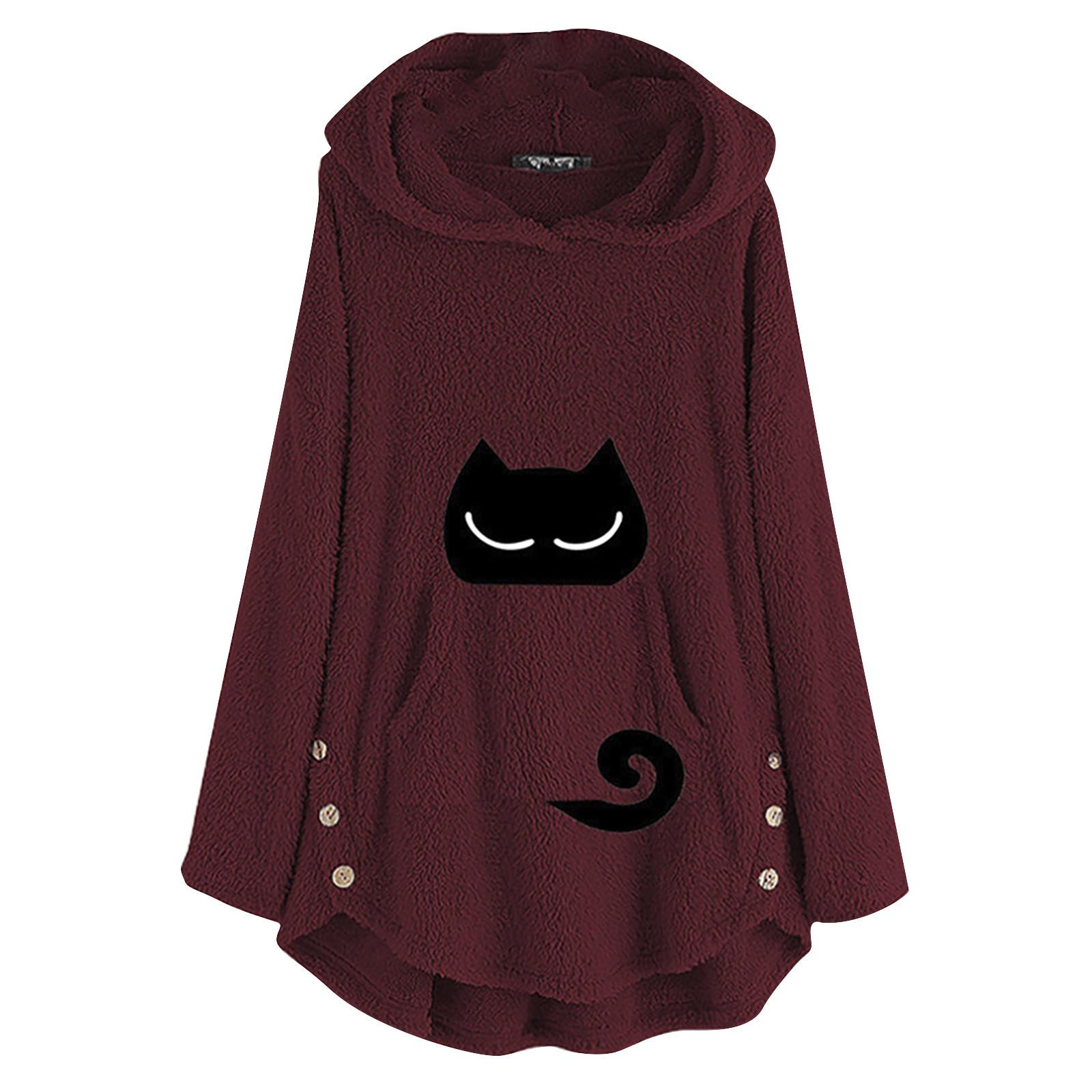 

Women s Cat Plush Top With Solid Color Printed Long-Sleeved Casual Hoodie XL винний