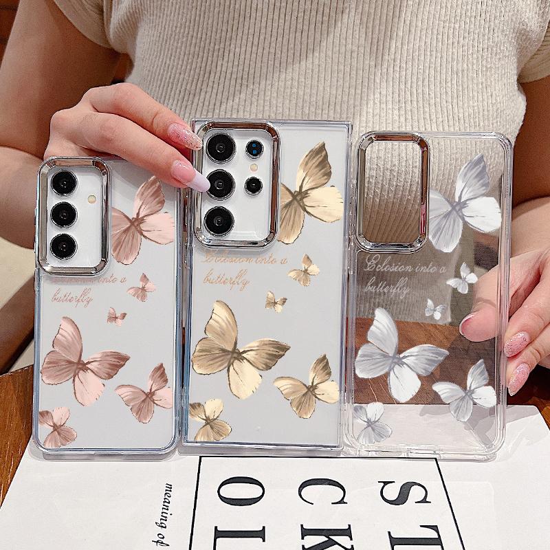 Butterfly Pattern Clear Case For Samsung Galaxy S24 S22 S23 Ultra S21 FE A35 A53 A54 A55 A15 Plating Lens Frame Soft Phone Cover