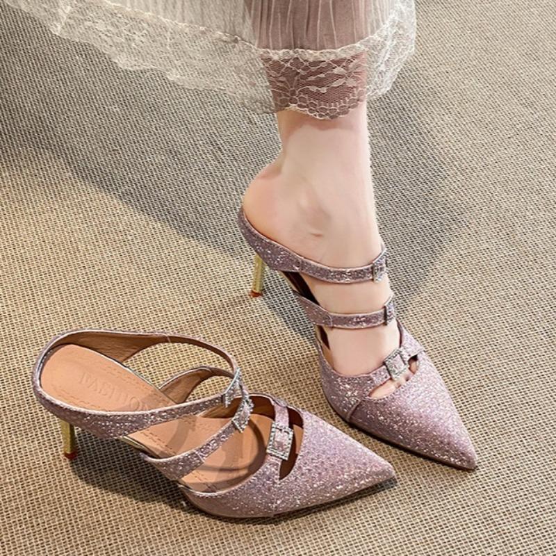 Glitter Sequin Rhinestone Heels Women's Pointed Toe Shallow Mouth Metal Buckle Cutout Non-Slip Wrapped Toe Stiletto Slippers