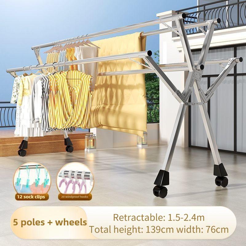 Varal de Roupa de Aço Inoxidável Doméstico Dobrável Cabide Varal Varanda 5 Varas Extensível Ferramenta de Secagem de Roupa