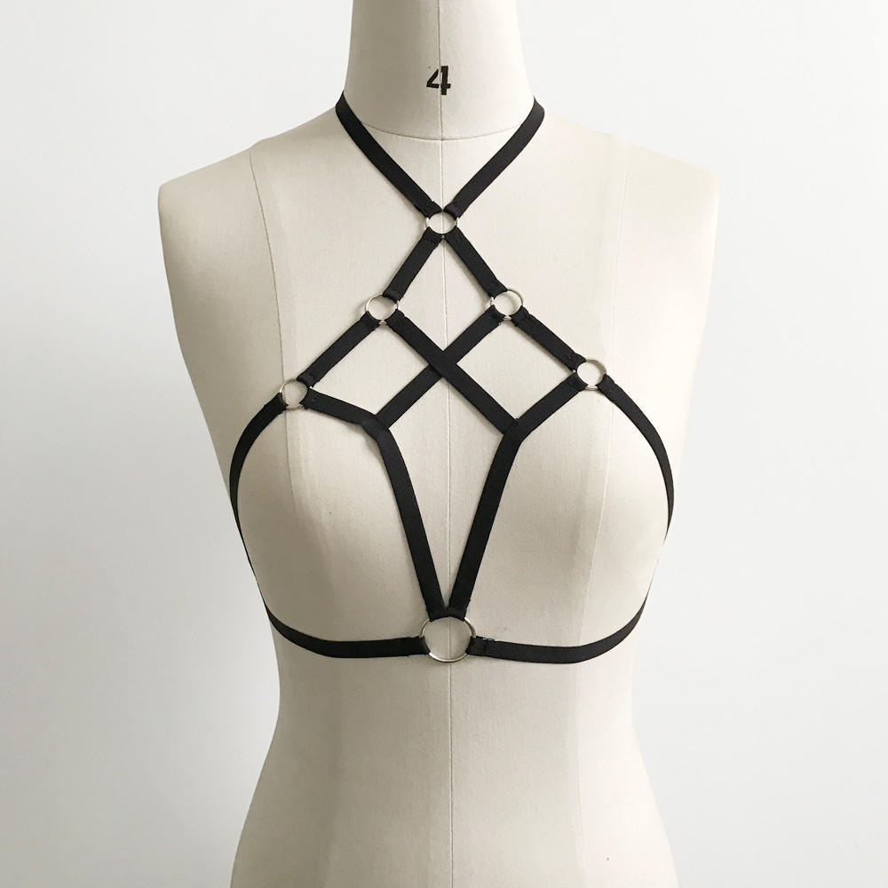 Sexy Bandage BHs Bindebänder Dessous Atmungsaktiv Sexuell Schwarz Körbchenloser BH Hohl Elastisch Käfig BH Bandage Träger
