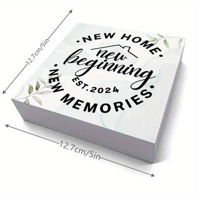 Funny New Home Wooden Sign. Rustic "New Memories" Box Art for Shelf or Desk Decor. 5x5 Inches.
