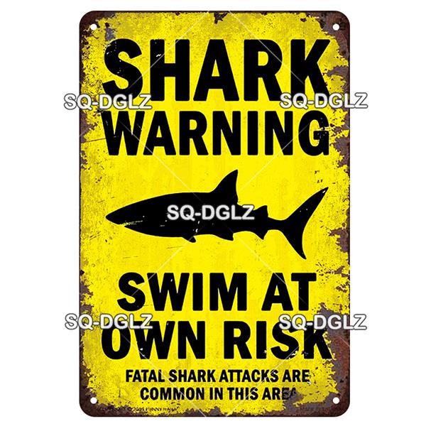 SQ-DGLZ Vintage Metallskylt Varning Haj Poolregler Tennskylt Havsbutiksskylt Hembar Väggdekor Klistermärke Dekorationsplatta Affisch