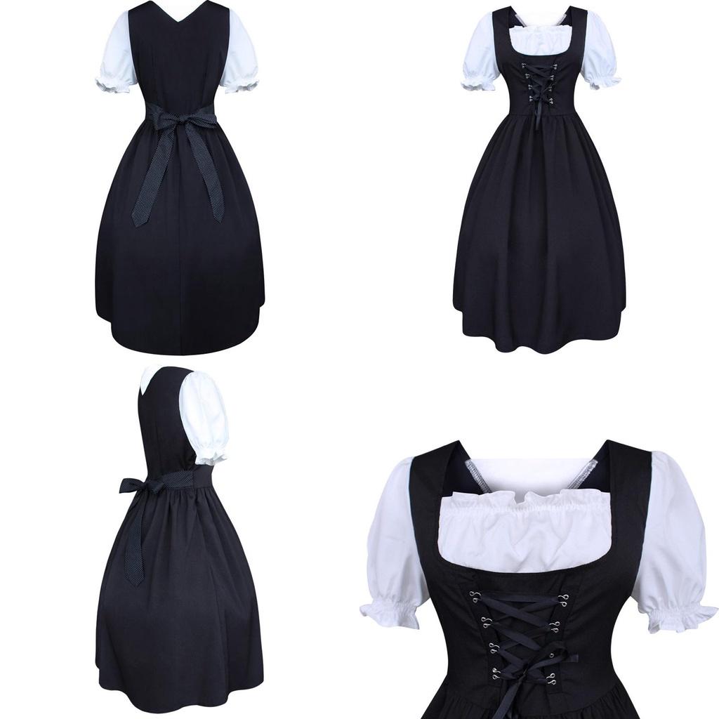 Elegant Medieval Women's Drawstring High Waist Bowknot Lace Up Long Dress For Halloween Parties