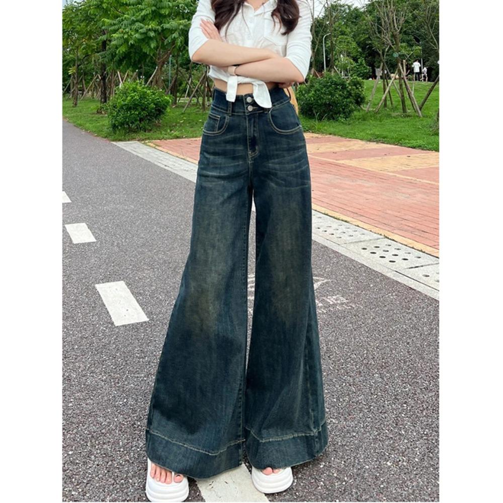 American Retro Wide-leg Jeans Women's Spring and Autumn New Floor-mopping Pants High-waisted Double-buckle Wide-leg Jeans Tide