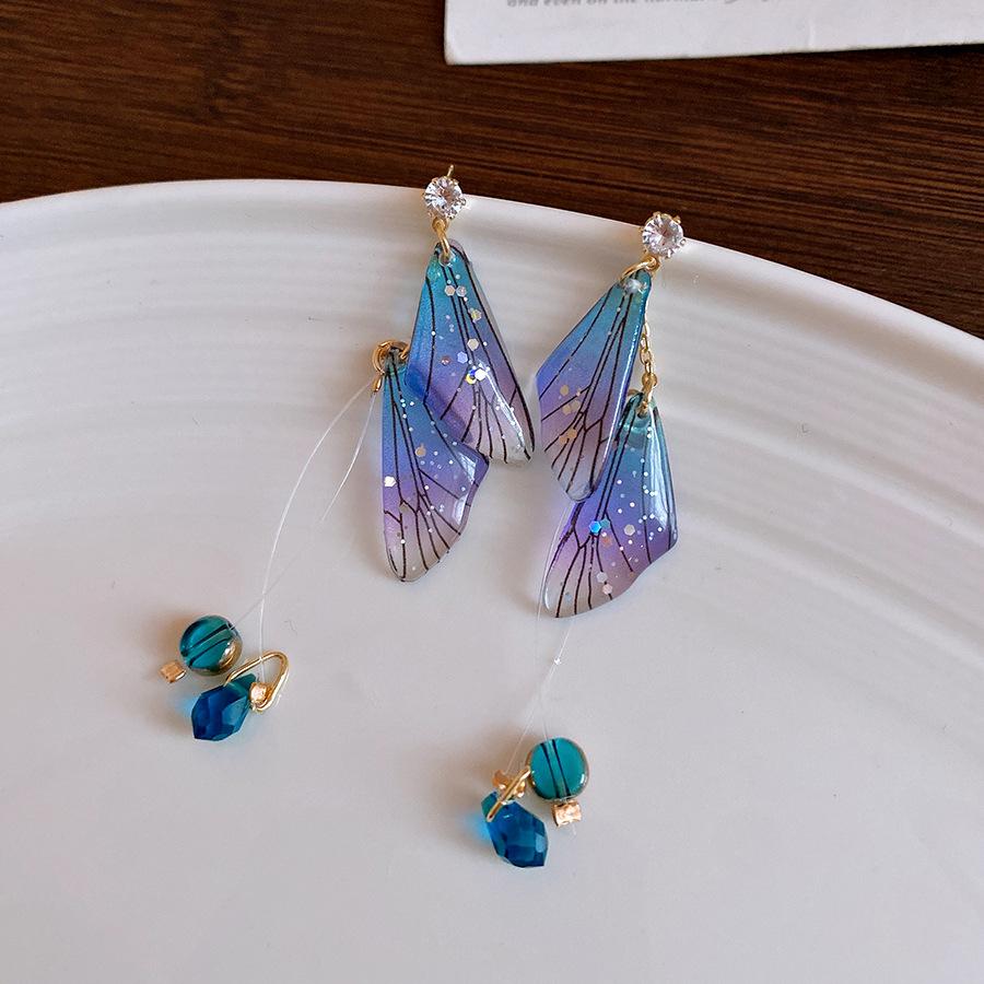 Silver needle zircon wings fringed stud earrings female niche design sweet personality earrings earrings