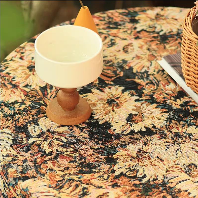 Vintage Round Tablecloth, Coffee Cotton Linen Florals Table Cloth, Anti-Wrinkle Decorative Tablecloths for Dining, Kitchen Wedding, Thanksgiving