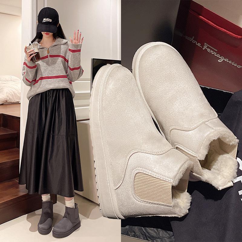 New autumn and winter snow boots warm solid color large size wool cotton boots elastic band thick sole short cotton shoes