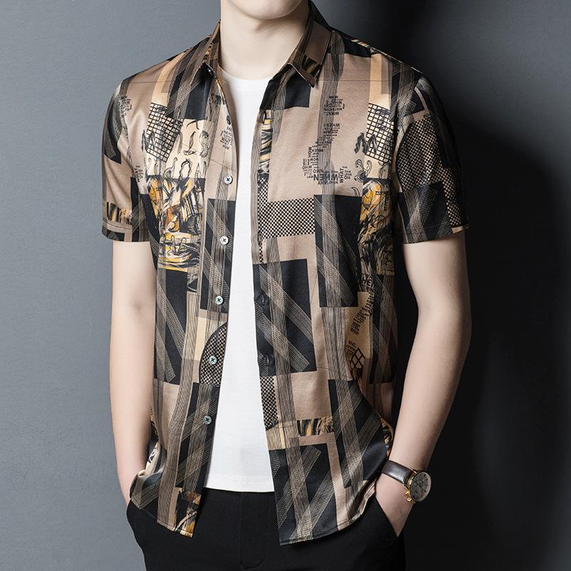Men's Short-Sleeved Business Shirt Men's Summer Middle-Aged Lapel Shirt Men's Loose Printed Top