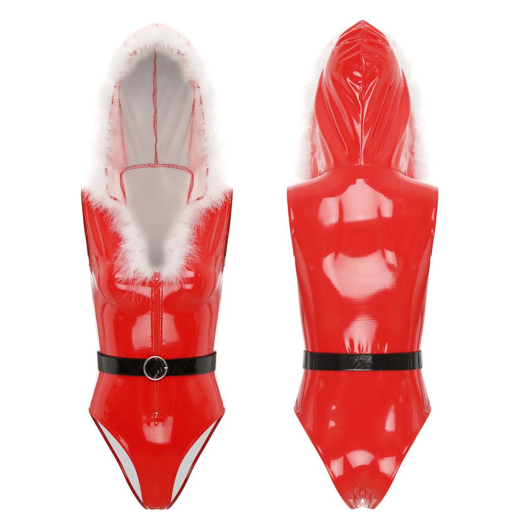 Womens Santa Claus Bodysuit Wet Look Xmas Costume Slim Fit Christmas Jumpsuit