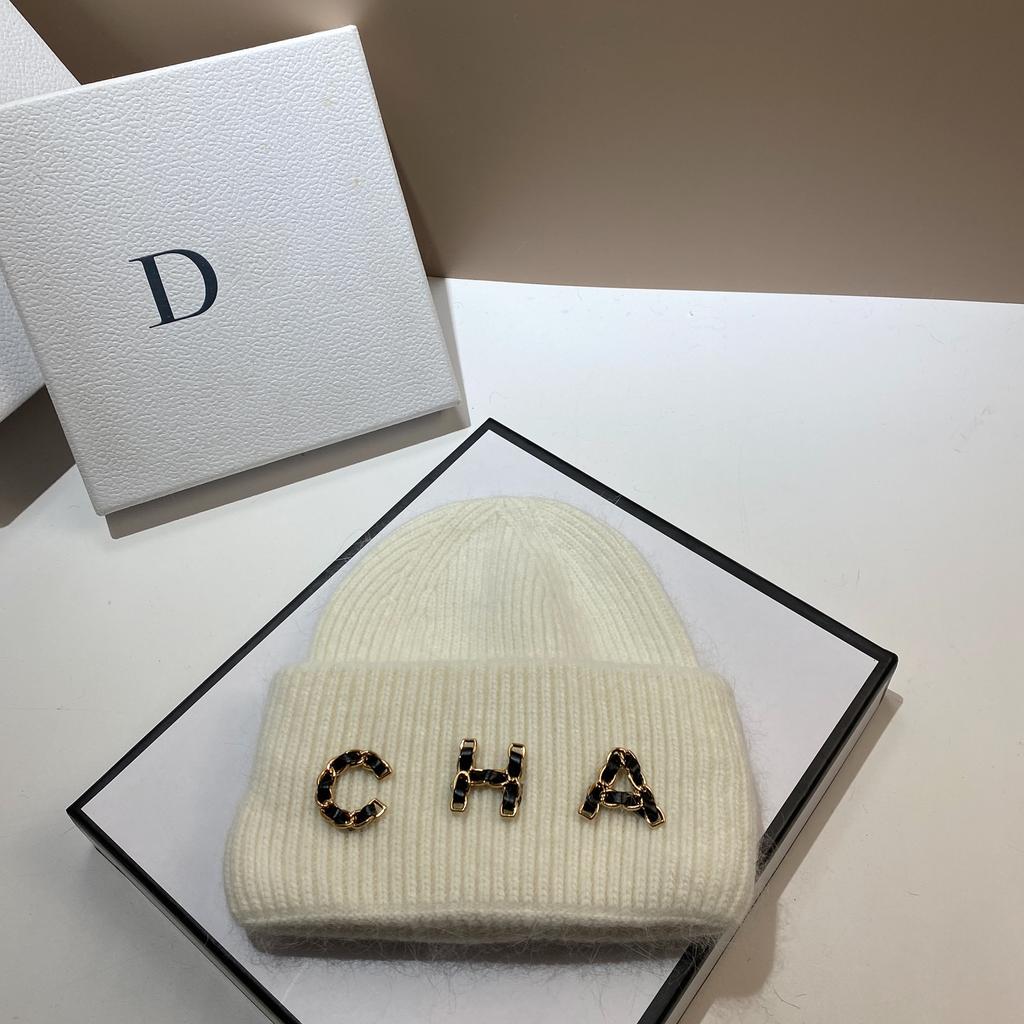 Chain Letter Cha Simple Wool Hat Winter Warm Rabbit Hair Double Fold Knitted Hat Outdoor Ear Protection