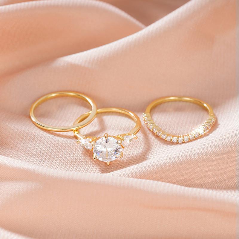 Sterling  3Pcs Rings Set for Women Shiny Cubic Zirconia Unique Designed Finger Accessories Fashion Wedding Jewelry