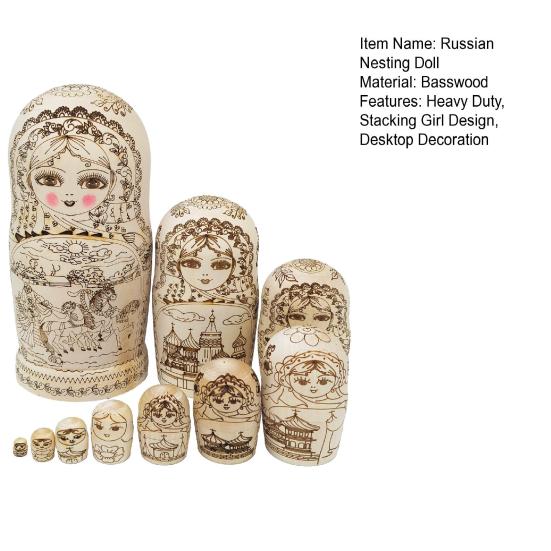 10Pcs/Set Russian Nesting Doll 10 Layers Handmade Wooden Matryoshka Girl Stacking Toy Home Office Desktop Decoration Ornament
