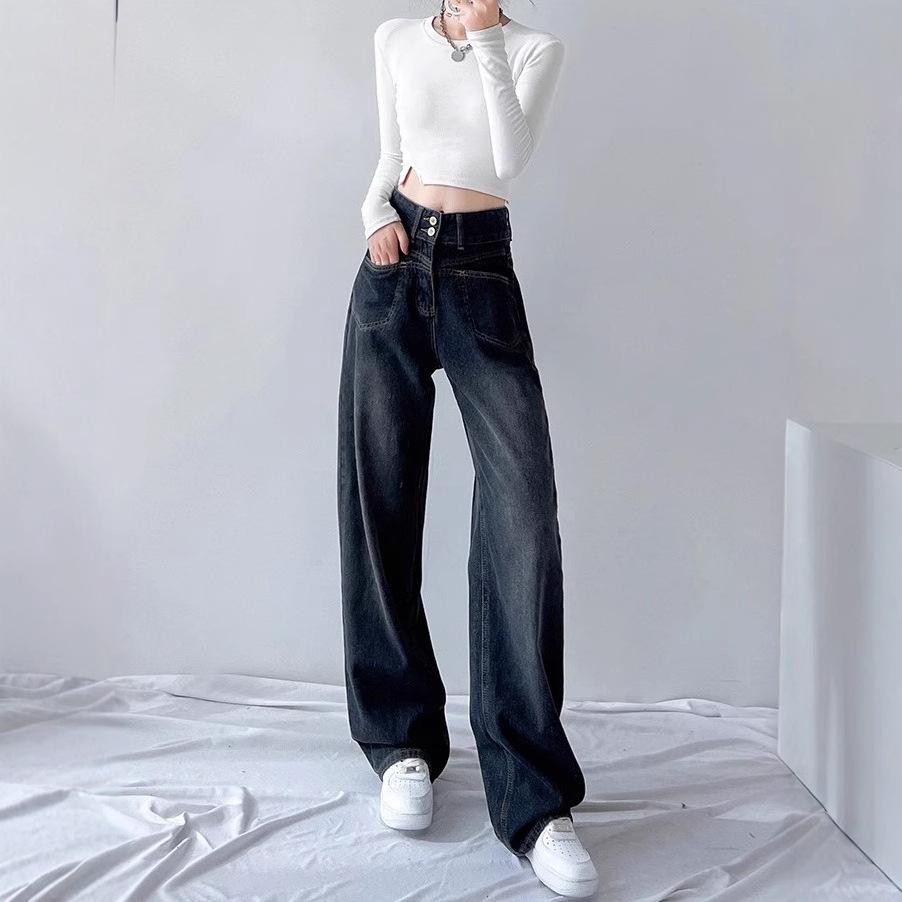 

Women s Black High-Waist Wide-Leg Jeans - Autumn 2025 Trendy Loose Slim-Fit Pants 4XL