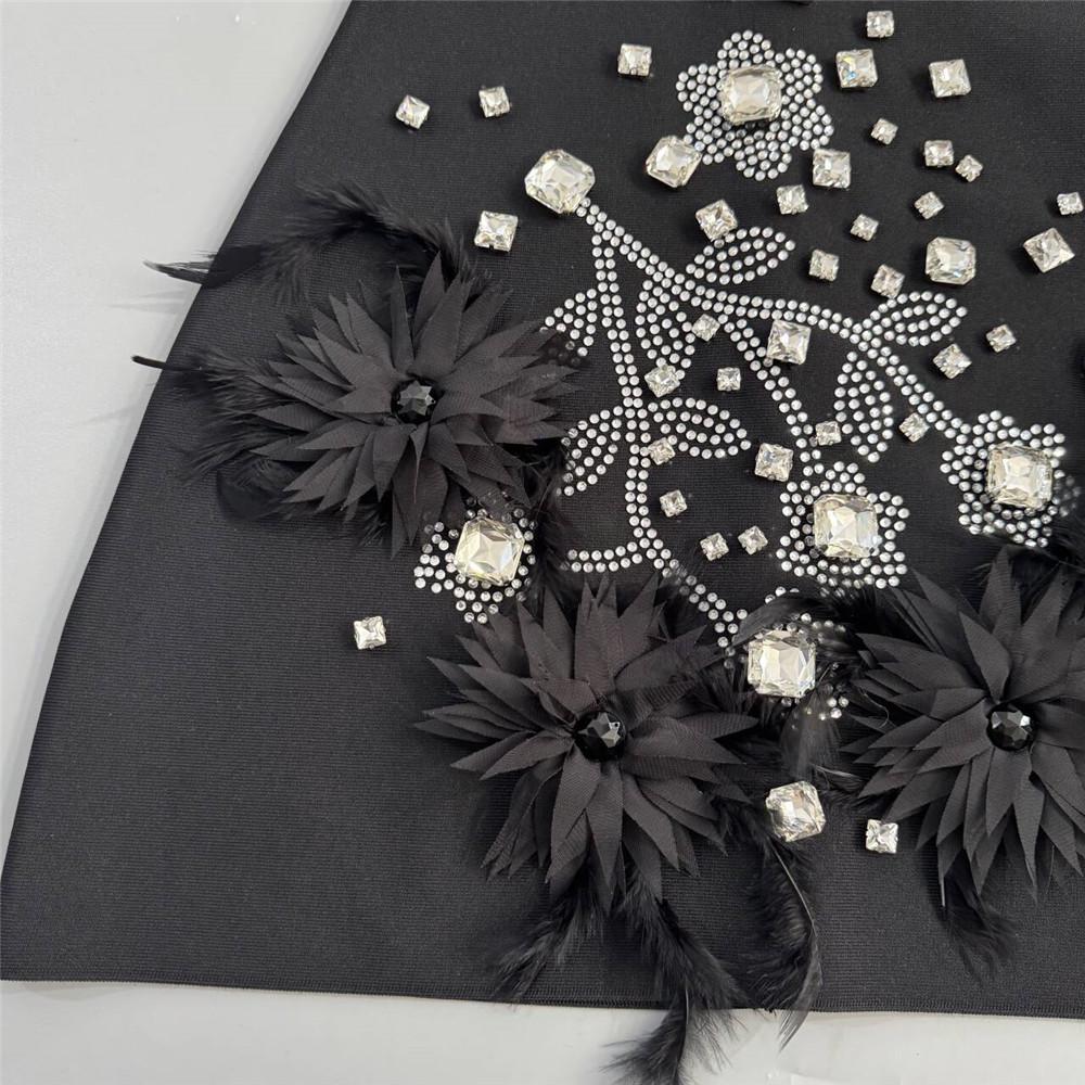 2026 Women's Rhinestone Feather Spaghetti Strap Bandage Mini Dress - Little Black Prom Party Dress