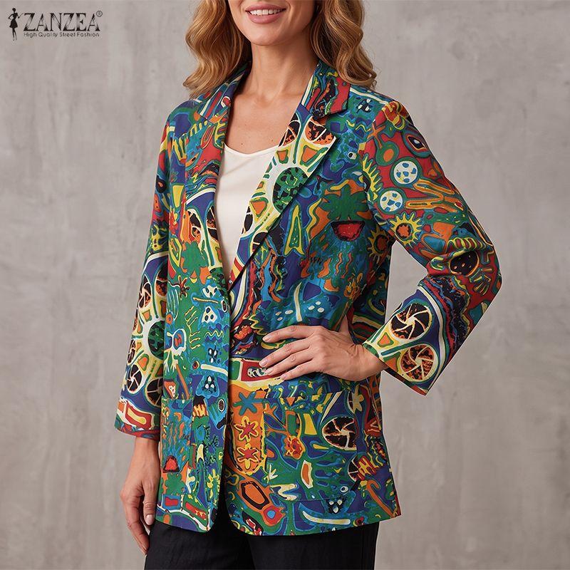 ZANZEA Damen Casual Langarm Print Baumwolle Leinen Cardigan Dünne Tops
