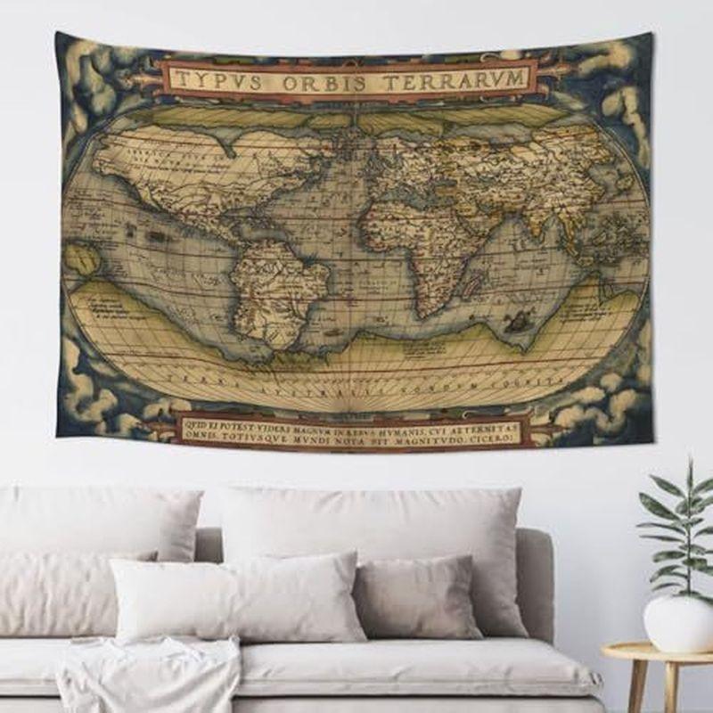 Polyester Vintage Antique World Map Tapestry, Retro Travel Wall Hanging, Living Room Study Bedroom Decor, Gift