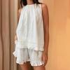 Letni damski zestaw 2-częściowy Luźne stroje Koronkowe wstawki Patchwork Falbanki Bez rękawów Top Babydoll z Szerokimi Spodniami