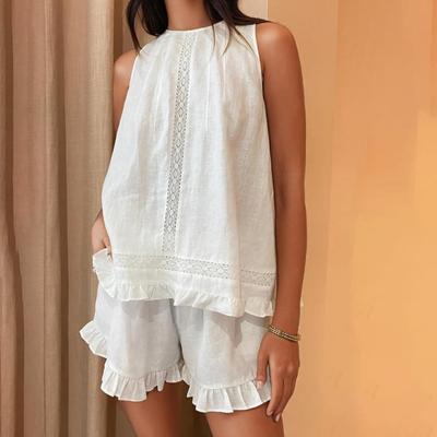 Conjunto de 2 piezas de verano para mujer, holgado, con encaje calado, retazos, volantes, top babydoll sin mangas con pantalones cortos de pierna ancha