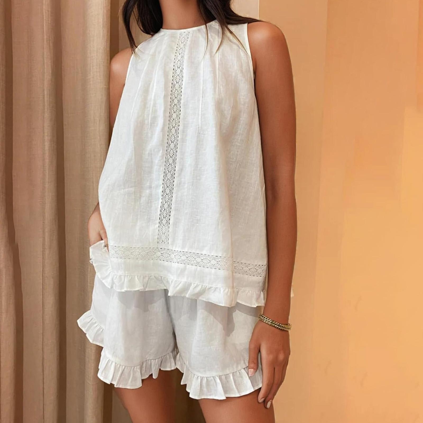 

Women Summer 2Piece Loose Outfits Set Hollow Lace Patchwork Ruffled Trim Sleeveless Babydoll Top with Wide Leg Shorts XS