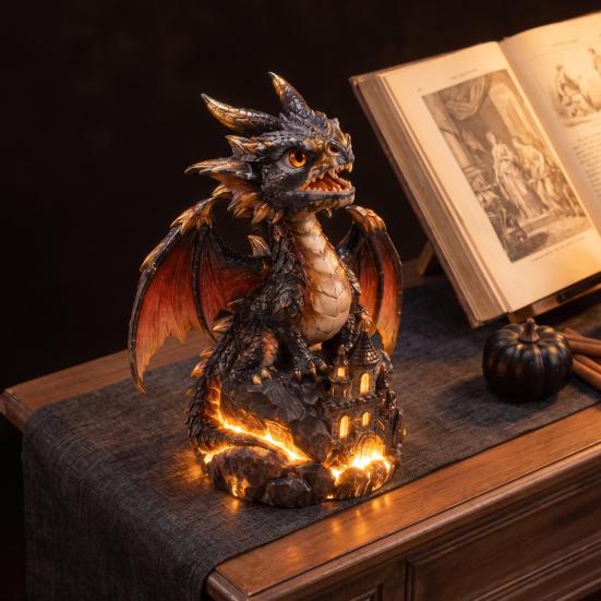 Creative Shelf Decor Light Up Dragon Figurine, Resin Gothic Castle Statue, Decorative Unique Gift for Fans Fantasy Creature Ornament Home, Office
