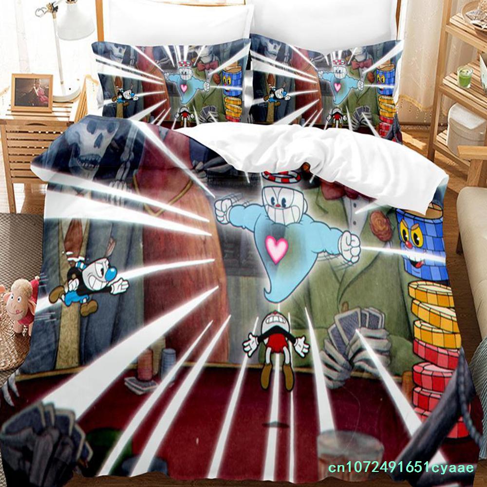 2023 Kawaii Cuphead Mugman Bettwäsche-Set Einzelbett Doppelbett Vollgröße Queen Size King Size Bettwäsche-Sets für Erwachsene Kinder Schlafzimmer Bettbezüge Anime Spiel Bett