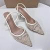 Frau Designer Mesh Offene Ferse Sandalen Schuhe Mode Druck Spitze Ende Frauen High-Heel Pumps Sexy Stiletto Lady Mules