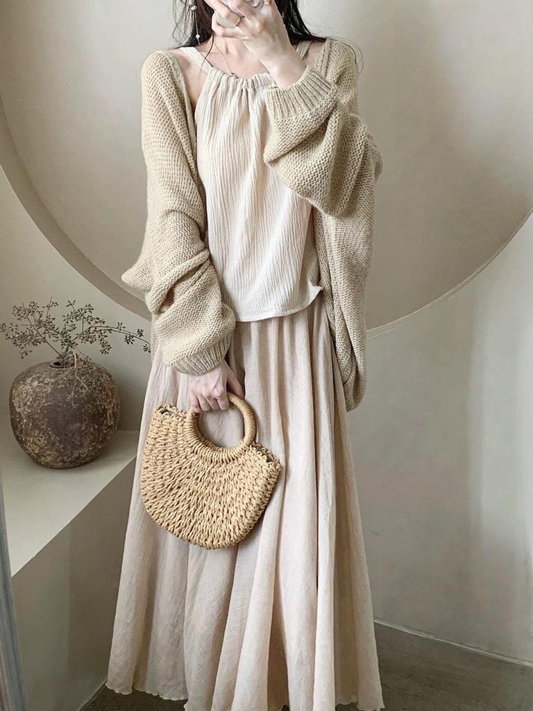 Women's High-End Retro Ice Silk Midi Skirt - Cotton, Linen, Slimming Fit, Large Hem, Floor-Length, Spring/Summer 2026