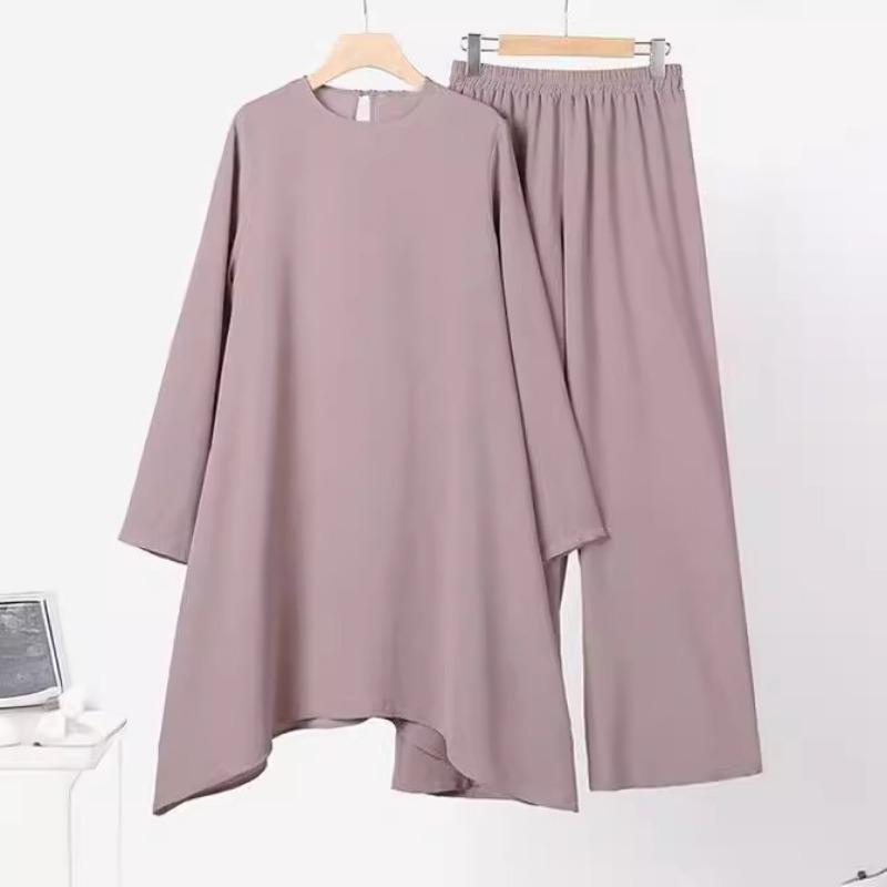 Muslim women's clothing Middle East solid color round neck pullover mid-skirt trousers suit elegant wind elegant wind women's clothing