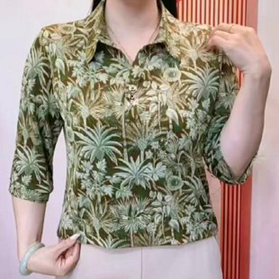 

Elegant Lapel Printed Mid-Sleeve Shirt - Summer Age-Reducing Top for Middle-Aged & Seniors 4XL (130-145 lbs) темно-зеленого