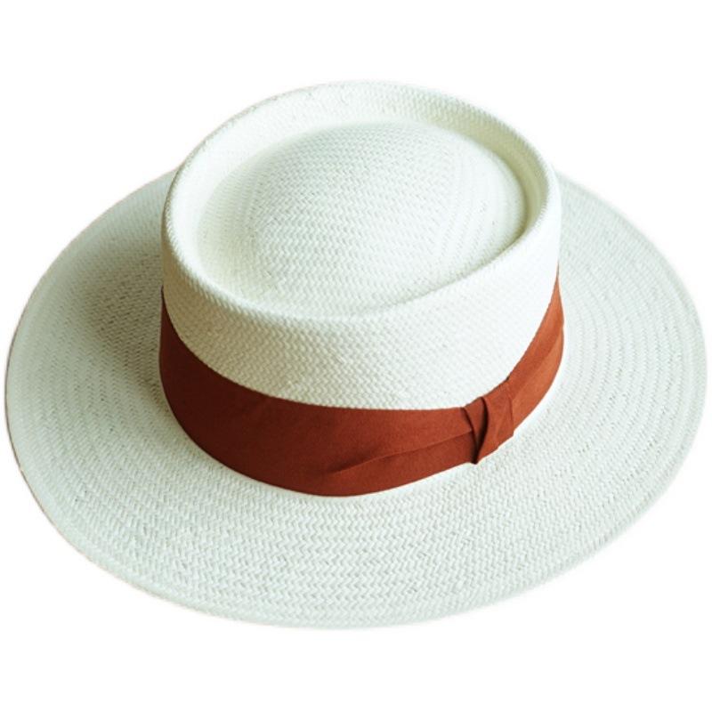 French Elegant Retro White Hand-Woven Flat Top Top Hat Women'S Summer Sunshade Vacation Foreign Trade Panama Straw Hat
