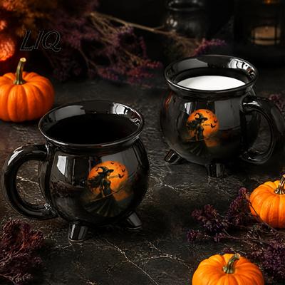 Decorative Witch Themed Mug Halloween Cauldron Mug, 350ml Vintage Gothic 3 Legged Magic Pot, for Coffee Black Cat Ceramic Cup Home And Office Decor