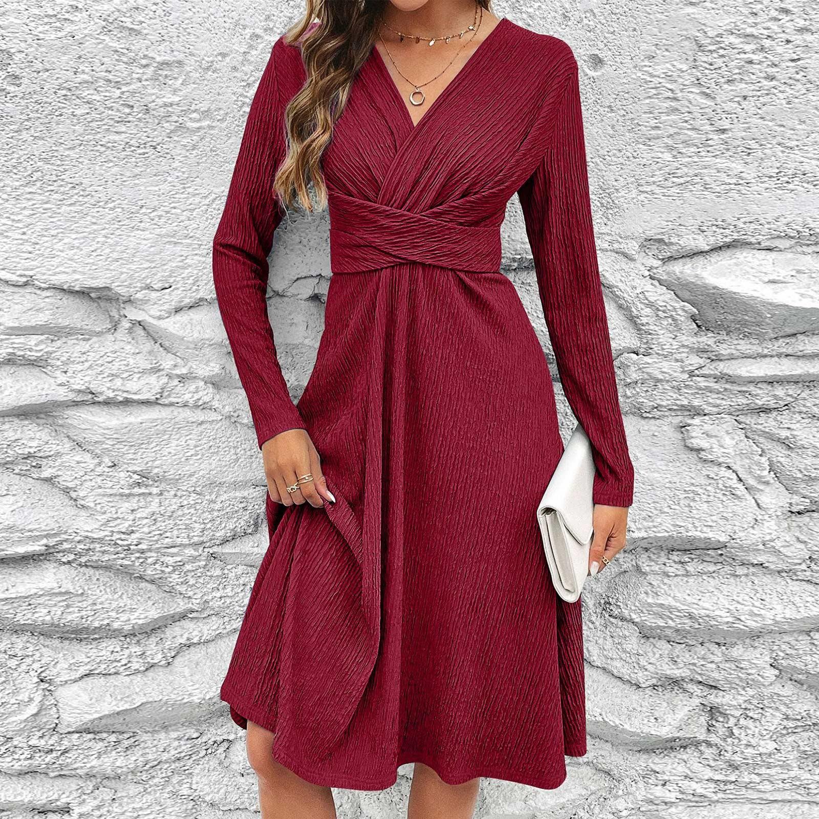 

Жіночий модний повсякденний однотонний пуловер, спідниця-трапеція з довгими рукавами та V-подібним вирізом, сексуальна сукня для зменшення талії S винний