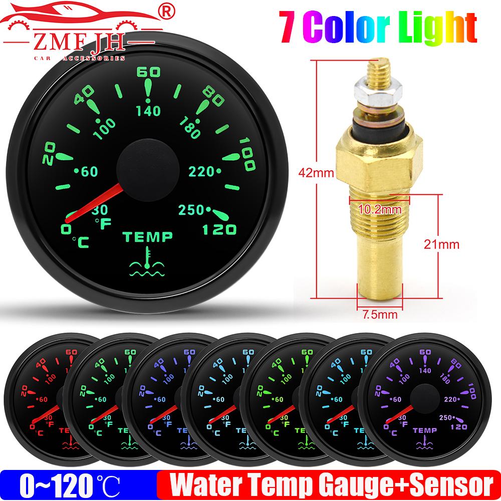 0~120℃,30~250℉ 52MM Water Temperature Gauge+Water Temp Sensor 10.2MM,12MM,16MM,17MM,21MM 7 Color Light for Boat Yacht Car 12V24V