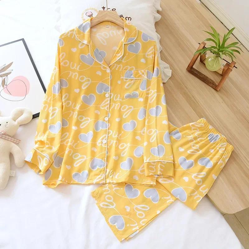 Spring and Summer 100% Viscose Pajamas Two-piece Long-sleeved Trousers Women's Flowers Comfortable Plus Size Homewear Suit