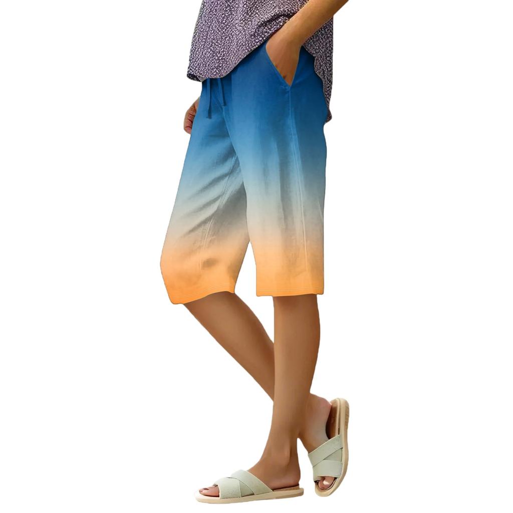 Women's Summer Elasticated Tie Waist Gradient Colour Cotton Linen Loose Shorts