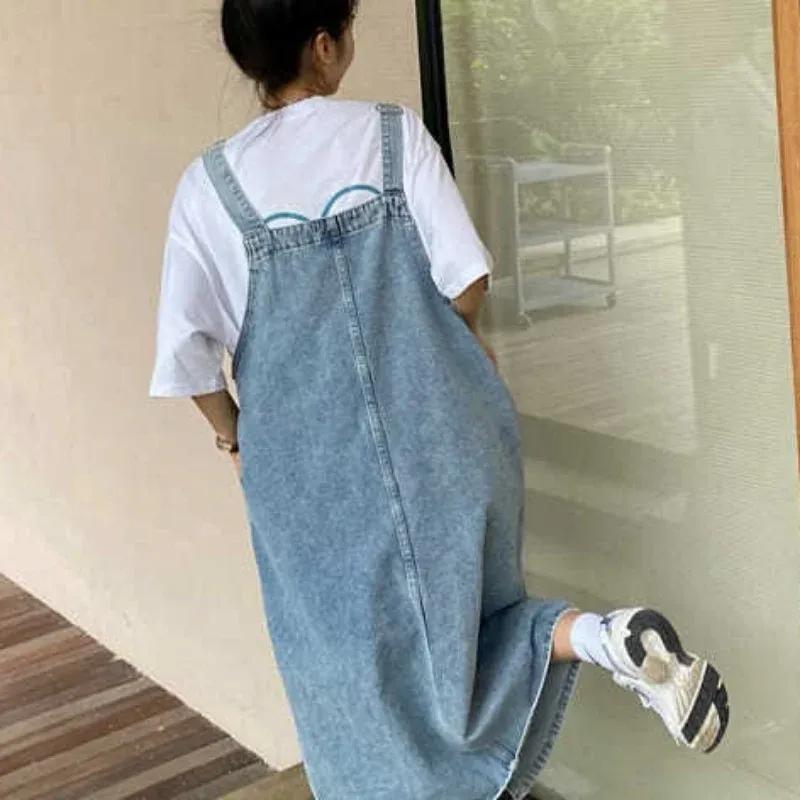 Frühling Sommer Denim Overall Kleid Frauen Ärmellose Jeans Kleider Mode Weibliche Solide Slip Casual Lose Spaghetti Strap Kleider