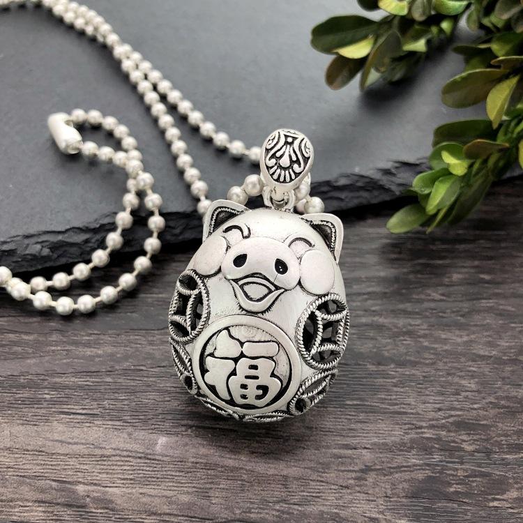 Vintage Thai silver long necklace flower pendant simple long sweater chain accessories women