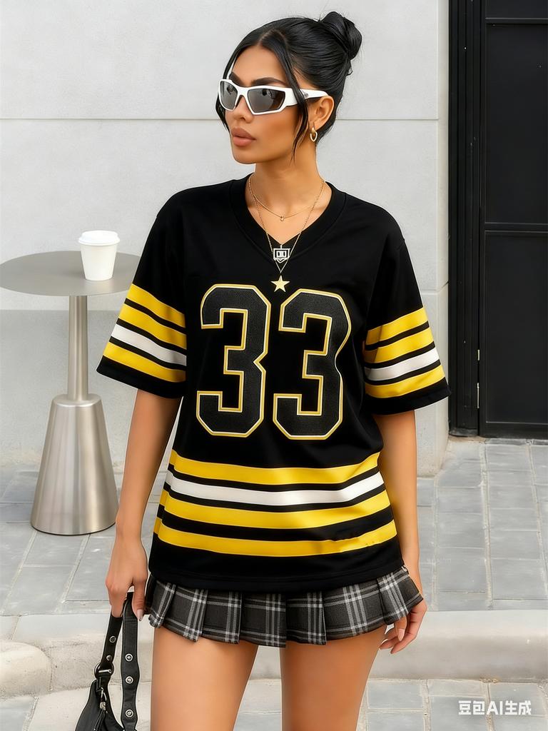 Amerikanisches Baseball-Nummer-bedrucktes kurzärmeliges T-Shirt V-Ausschnitt Locker Trendige Streetwear Y2K Top Sommer Damen-T-Shirts