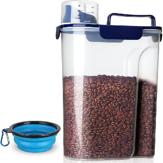 Upgraded Dog Food Storage Container Small, Cat Food Container Airtight, Pet Food Container Dispenser with Pour Spout, Measuring Cup and 4 Seal