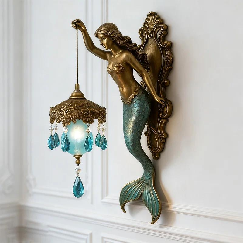 Mermaid Wall Lamp Resin Creative Bedroom Lamp Window Decoration Door Decoration Halloween Home Ocean Style Ornament