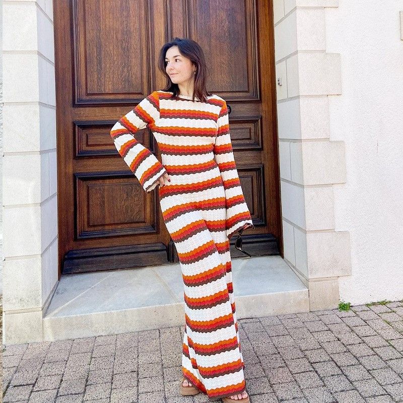 

2024 Полоски Контрастный цвет Мода Ветер Пляжный Отпуск Сексуальное Платье Вязаное С Вырезами Длинное Платье Блузка Лето Женщины Stripes Contrast Color L