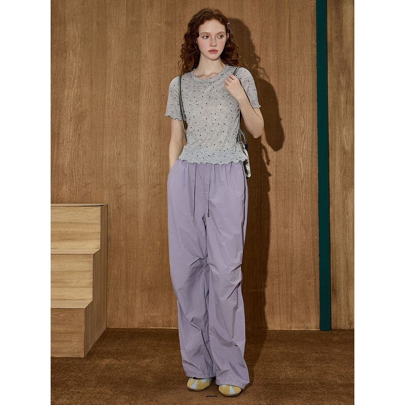 Coolhut Simple Slim-Fit Lightweight Polka Dot Round Neck Short-Sleeve Ruffled Edge New Summer Women's T-Shirt Casual